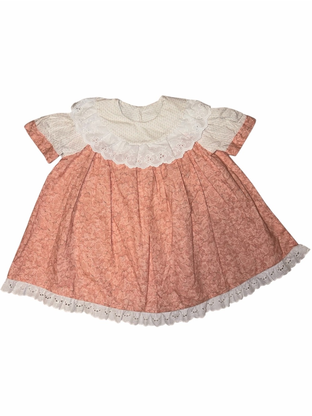 Vintage 80s Peach Lace Eyelet Handmade Baby Dress aprox 12M Heirloom Cottagecore